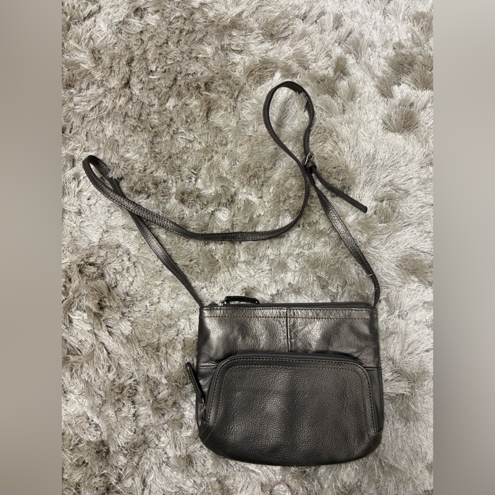 Danier metallic gray Leather Crossbody Bag